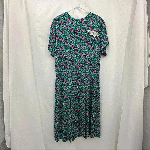 Annabelle Croft Vintage Midi Dress 12 Green Pink Short Sleeve Button Zip Closure - Picture 1 of 10
